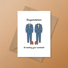 Load image into Gallery viewer, LGBTQ+ gay wedding card featuring two grooms in matching suits and rainbow accessories with the message "Congratulations on doubling your