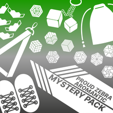 Load image into Gallery viewer, Aromantic flag overlapped with proud zebra product icons with words aromantic mystery pack. Used for proud zebra's website product listing of pride mystery boxes.