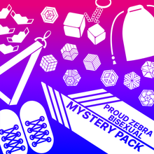 Load image into Gallery viewer, Bisexual flag overlapped with proud zebra product icons with words bisexual mystery pack. Used for proud zebra's website product listing of pride mystery boxes.