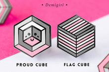 Load image into Gallery viewer, Demigirl pride flag Proud Cube 1.25-inch hard enamel pin Edition 1 with rubber clutch backing, styled on a denim jacket lapel