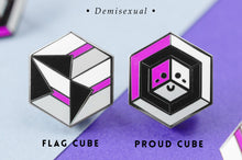Load image into Gallery viewer, Demisexual pride flag Proud Cube 1.25-inch hard enamel pin Edition 1 with rubber clutch backing, lifestyle styling shot