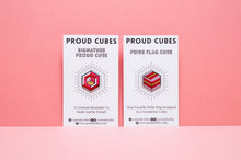 Load image into Gallery viewer, Girlflux pride flag Proud Cube 1.25-inch hard enamel pin Edition 1 with rubber clutch backing, back view with rubber clutch backing