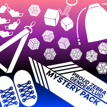 Load image into Gallery viewer, Genderfluid flag overlapped with proud zebra product icons with words genderfluid mystery pack. Used for proud zebra's website product listing of pride mystery boxes.