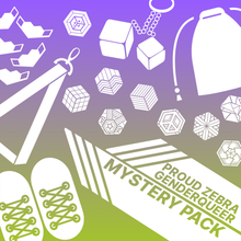 Load image into Gallery viewer, Genderqueer flag overlapped with proud zebra product icons with words genderqueer mystery pack. Used for proud zebra's website product listing of pride mystery boxes.