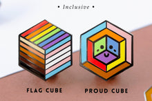 Load image into Gallery viewer, Inclusive rainbow pride flag Proud Cube 1.25-inch hard enamel pin Edition 1 with rubber clutch backing, styled on a denim jacket lapel