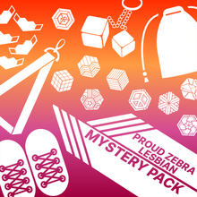 Load image into Gallery viewer, Lesbian flag overlapped with proud zebra product icons with words lesbian mystery pack. Used for proud zebra's website product listing of pride mystery boxes.