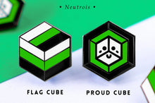 Load image into Gallery viewer, Neutrois pride flag Proud Cube 1.25-inch hard enamel pin Edition 1 with rubber clutch backing, lifestyle styling shot