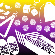 Load image into Gallery viewer, Non-Binary flag overlapped with proud zebra product icons with words non-binary mystery pack. Used for proud zebra's website product listing of pride mystery boxes.