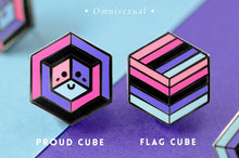 Load image into Gallery viewer, Omnisexual pride flag Proud Cube 1.25-inch hard enamel pin Edition 1 with rubber clutch backing, lifestyle styling shot