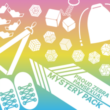 Load image into Gallery viewer, Pansexual flag overlapped with proud zebra product icons with words pansexual mystery pack. Used for proud zebra's website product listing of pride mystery boxes.