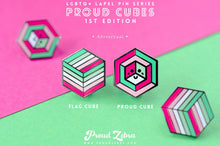 Load image into Gallery viewer, Abrosexual pride flag Proud Cube 1.25-inch hard enamel pin Edition 1 with rubber clutch backing, close-up showing raised hard enamel detail