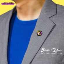 Load image into Gallery viewer, Abrosexual pride flag Proud Cube 1.25-inch hard enamel pin Edition 1 with rubber clutch backing, shown on a Proud Zebra branded backer card