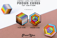 Load image into Gallery viewer, Inclusive rainbow pride flag Proud Cube 1.25-inch hard enamel pin Edition 1 with rubber clutch backing, close-up showing raised hard