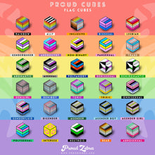 Load image into Gallery viewer, Inclusive rainbow pride flag Proud Cube 1.25-inch hard enamel pin Edition 1 with rubber clutch backing, shown on a Proud Zebra branded