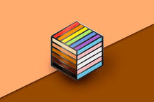 Load image into Gallery viewer, Inclusive rainbow pride flag Proud Cube 1.25-inch hard enamel pin Edition 1 with rubber clutch backing