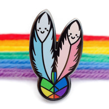 Load image into Gallery viewer, Two Spirit Feather Dancers Lapel Pin, LGBTQ+ awareness 1.25-inch hard enamel charity pin by Proud Zebra