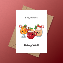 Load image into Gallery viewer, LGBTQ+ holiday greeting card with three festive drinks - a pumpkin spice latte, a hot cocoa, and an eggnog - and the message "Let's get into the Holiday Spirit!"
