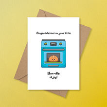 Load image into Gallery viewer, LGBTQ+ new baby card featuring a smiling oven with a bun baking inside and the message "Congratulations on your little bun-dle of joy!"
