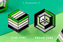 Load image into Gallery viewer, Aromantic pride flag Proud Cube 1.25-inch hard enamel pin Edition 1 with rubber clutch backing, lifestyle styling shot
