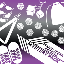 Load image into Gallery viewer, Asexual flag overlapped with proud zebra product icons with words asexual mystery pack. Used for proud zebra&#39;s website product listing of pride mystery boxes.
