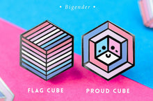 Load image into Gallery viewer, Bigender pride flag Proud Cube 1.25-inch hard enamel pin Edition 1 with rubber clutch backing, lifestyle styling shot
