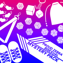Load image into Gallery viewer, Bisexual flag overlapped with proud zebra product icons with words bisexual mystery pack. Used for proud zebra&#39;s website product listing of pride mystery boxes.
