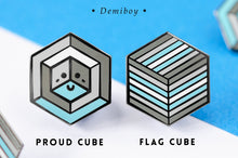 Load image into Gallery viewer, Demiboy pride flag Proud Cube 1.25-inch hard enamel pin Edition 1 with rubber clutch backing, lifestyle styling shot
