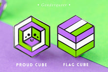 Load image into Gallery viewer, Genderqueer pride flag Proud Cube 1.25-inch hard enamel pin Edition 1 with rubber clutch backing, lifestyle styling shot
