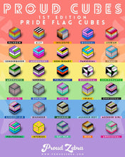 Load image into Gallery viewer, Inclusive rainbow pride flag Proud Cube 1.25-inch hard enamel pin Edition 2 with rubber clutch backing, lifestyle styling shot
