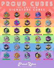 Load image into Gallery viewer, Inclusive rainbow pride flag Proud Cube 1.25-inch hard enamel pin Edition 2 with rubber clutch backing, group photo with coordinating
