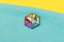 Load image into Gallery viewer, Inclusive rainbow pride flag Proud Cube 1.25-inch hard enamel pin Edition 2 with rubber clutch backing, back view with rubber clutch
