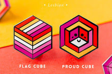 Load image into Gallery viewer, Lesbian pride flag Proud Cube 1.25-inch hard enamel pin Edition 1 with rubber clutch backing, lifestyle styling shot
