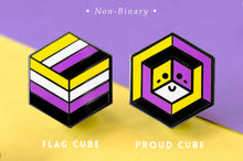 Load image into Gallery viewer, Non-binary pride flag Proud Cube 1.25-inch hard enamel pin Edition 1 with rubber clutch backing, lifestyle styling shot
