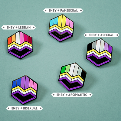 Five geometric pins with different color combinations on a teal background, labeled with sexual orientation terms. Brand 'Proud Zebra' visible.