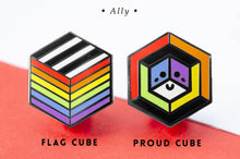 Load image into Gallery viewer, Ally pride flag Proud Cube 1.25-inch hard enamel pin Edition 1 with rubber clutch backing, lifestyle styling shot
