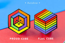 Load image into Gallery viewer, Rainbow pride flag Proud Cube 1.25-inch hard enamel pin Edition 1 with rubber clutch backing, lifestyle styling shot
