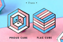 Load image into Gallery viewer, Transgender pride flag Proud Cube 1.25-inch hard enamel pin Edition 1 with rubber clutch backing, lifestyle styling shot
