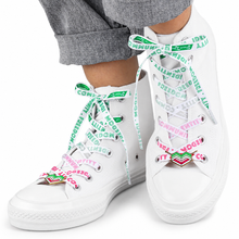 Load image into Gallery viewer, Abrosexual pride white shoelaces with lace lock charms
