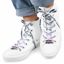 Load image into Gallery viewer, Asexual pride white shoelaces with lace lock charms
