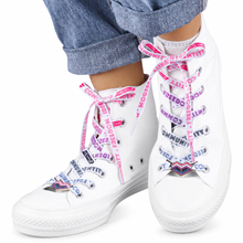 Load image into Gallery viewer, Genderfluid pride white shoelaces with lace lock charms
