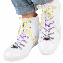 Load image into Gallery viewer, Non-Binary pride white shoelaces with lace lock charms
