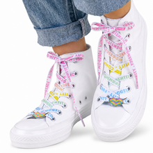 Load image into Gallery viewer, Pansexual pride white shoelaces with lace lock charms
