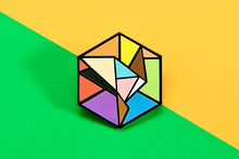 Load image into Gallery viewer, Inclusive rainbow pride flag Proud Cube 1.25-inch hard enamel pin Edition 2 with rubber clutch backing, alternate styling angle
