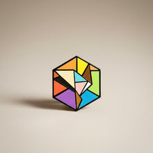 Load image into Gallery viewer, Inclusive rainbow pride flag Proud Cube 1.25-inch hard enamel pin Edition 2 with rubber clutch backing, close-up showing raised hard
