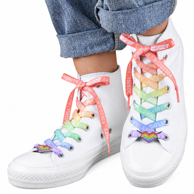Rainbow pride pastel shoelaces with lace lock charms