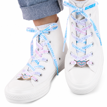 Load image into Gallery viewer, Trans pride white shoelaces with lace lock charms
