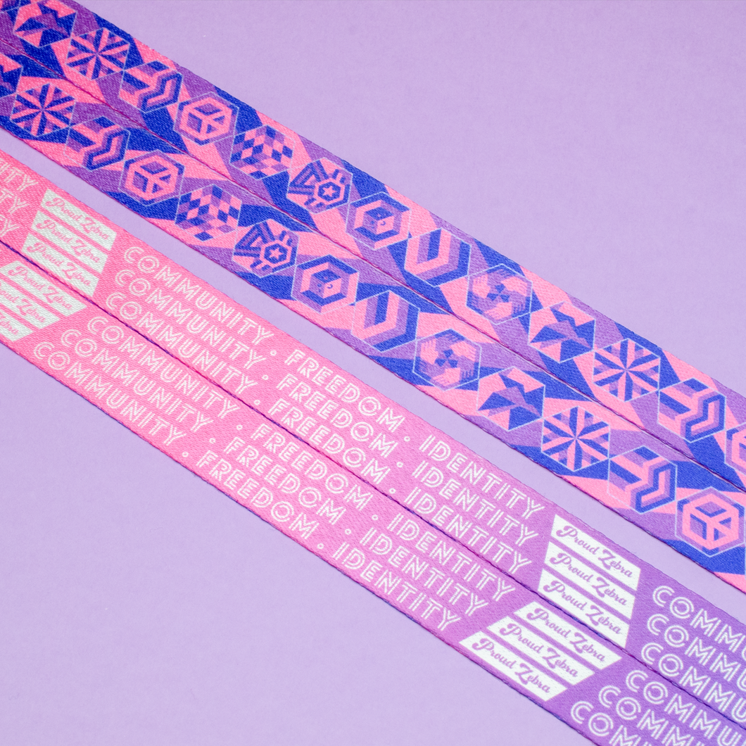 bisexual Pride Lanyards with reversible design by Proud Zebra in position 1